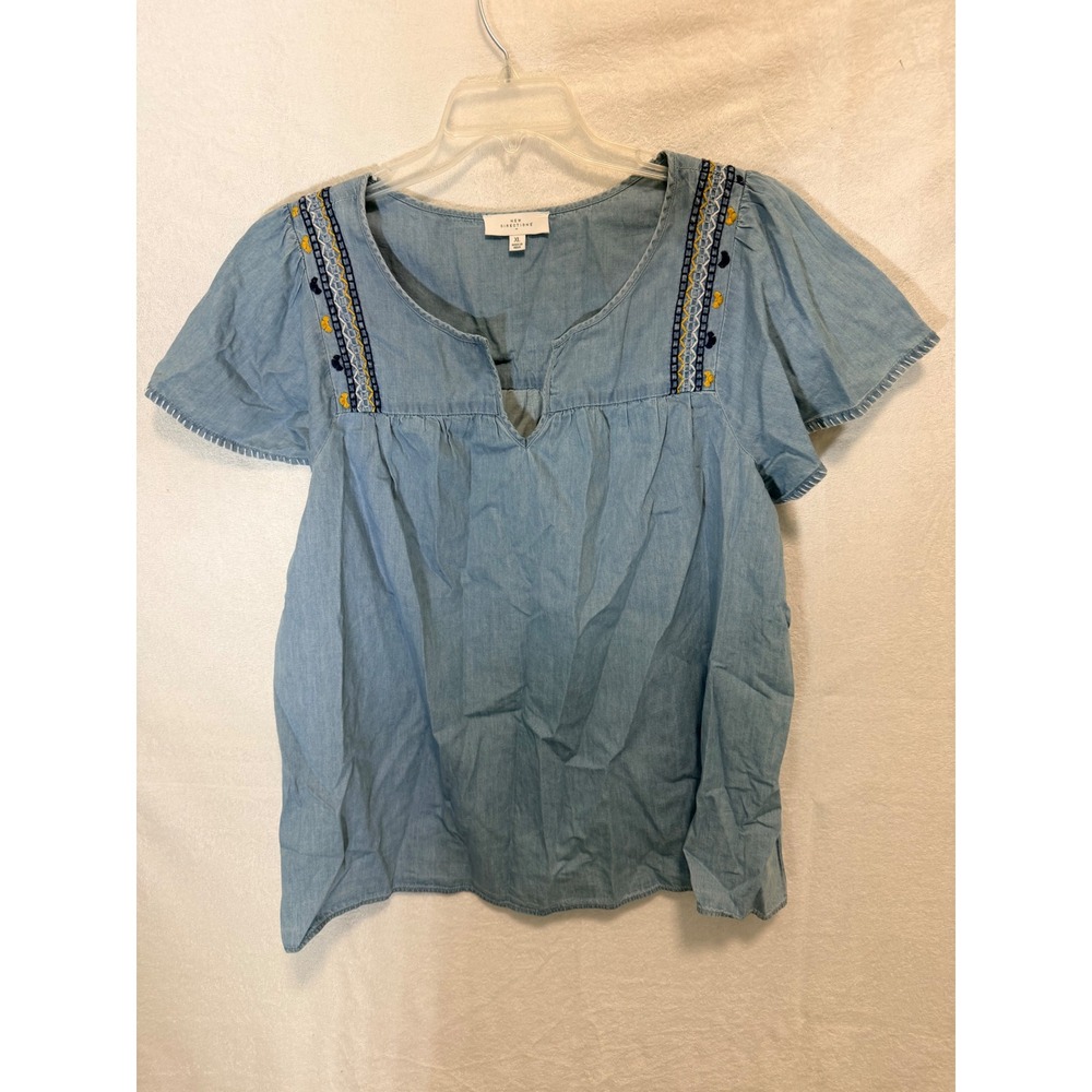 New Directions XL Blue Chambray Cotton Embroidered Boho Split Neck Blouse Top